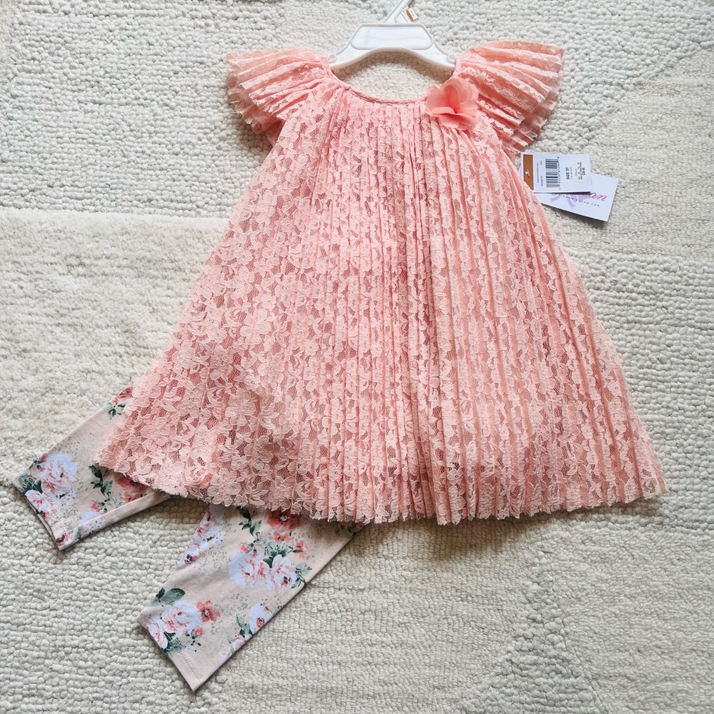 Bonnie Jean 2pc toddler girls Pink Lace dress with Floral leggings size 3T NWT